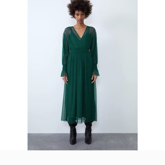 Zara Green Long Sleeve Dress Weddings Slip Sheer Midi Gorgeous Deep Green Small - Picture 7 of 16